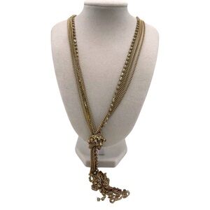 ❤️ Tied Chain x Rhinestones Gold Tone Fringe Necklace